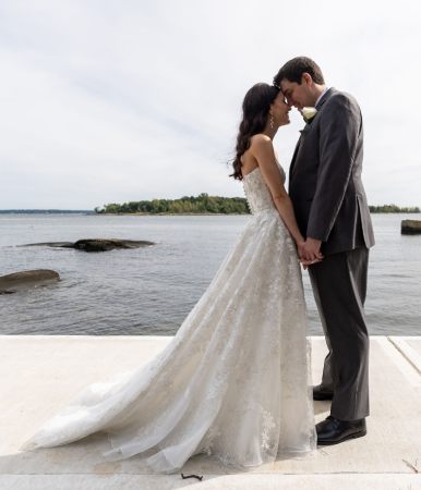 waterfront bride and groom