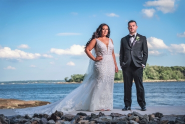 waterfront wedding couple